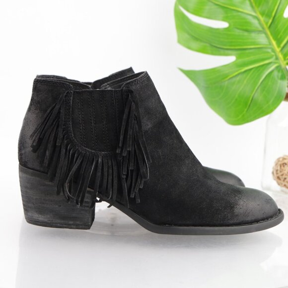 Born Womens Danni Boots Size 11 Black Suede Distress Fringe Booties Block Heels - Picture 13 of 13